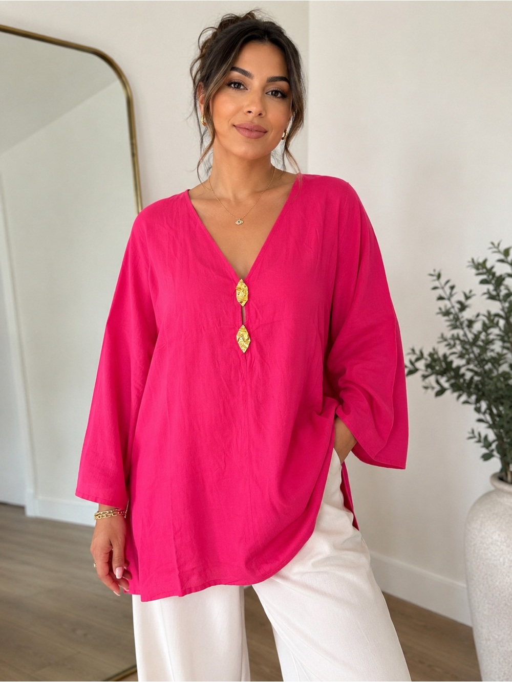 NWT Women's Hot Pink V-Neck Tunic Top with Gold Detail Rayon/Beach Cover Up